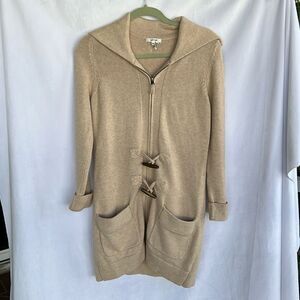 TYLER BOE longline zip front warm neck wool blend cardigan sweater with toggles